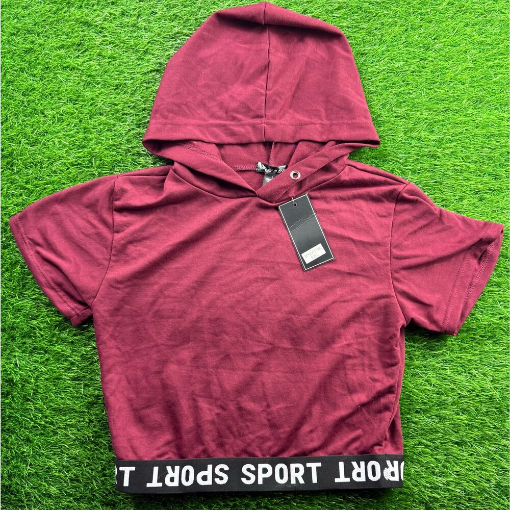C-Mode Women’s Crop Hoodie Top L Burgundy Short Sleeve Sport Hem NWT Activewear